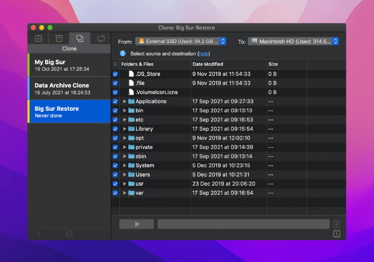 Restore a Big Sur clone in Get Backup Pro.