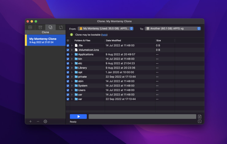 Clone your Monterey system in the new APFS container on your computer in Get Backup.