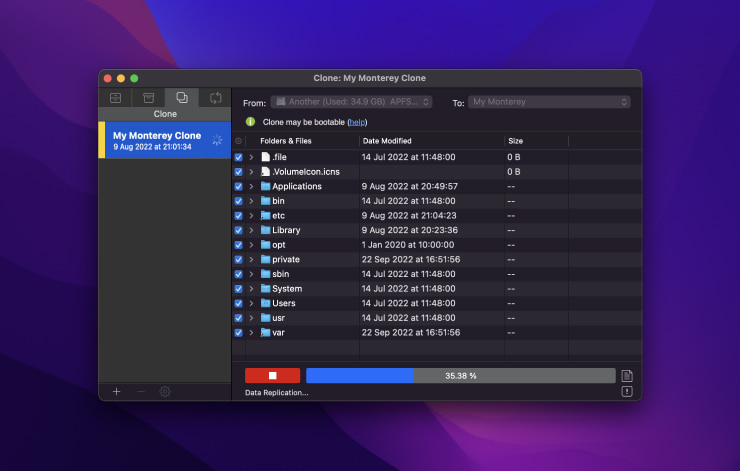 Clone process made on Monterey macOS in Get Backup backup software.