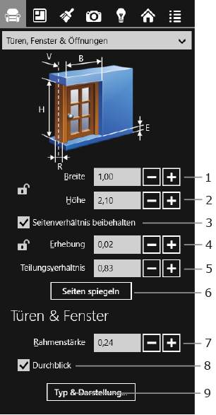 Eigenschaften für Öffnungen im Informationsfenster