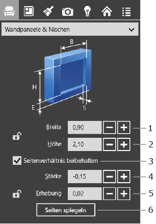 Eigenschaften von Nischen und Wandpaneelen.