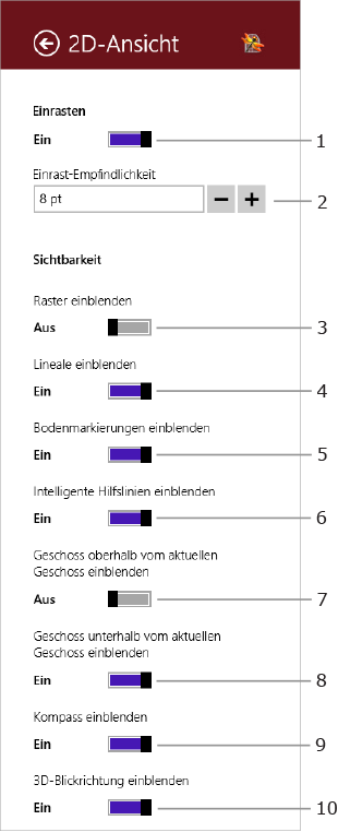 Einstellungen für die 2D-Ansicht