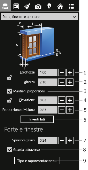 Proprietà delle aperture nella finestra di impostazioni