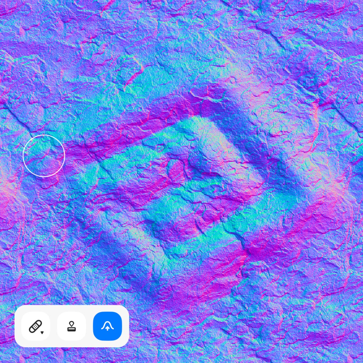 Sculpting tool painting bumps and valleys on a Normal map in Texturity PBR.