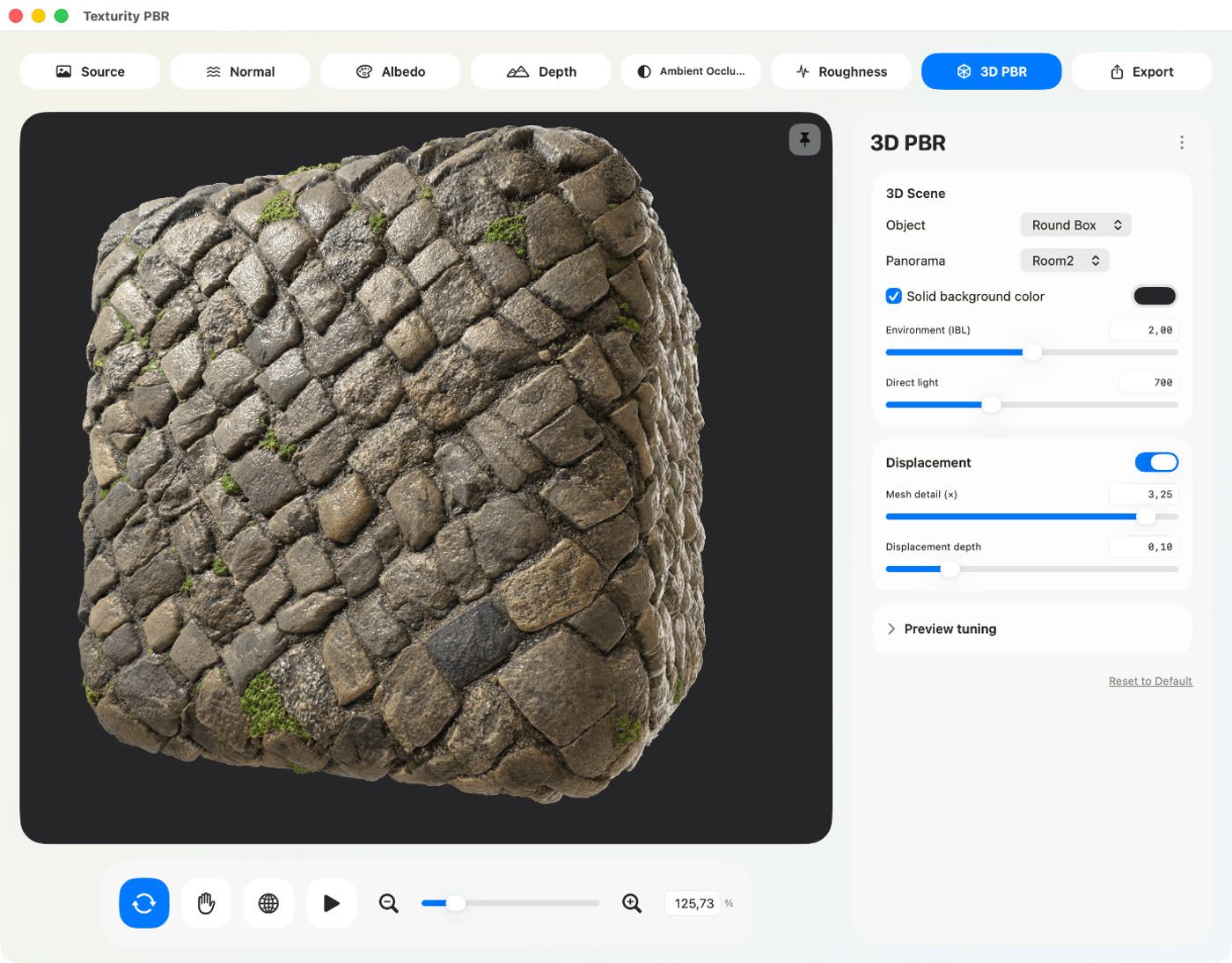 Texturity PBR app screenshot — 3D preview.