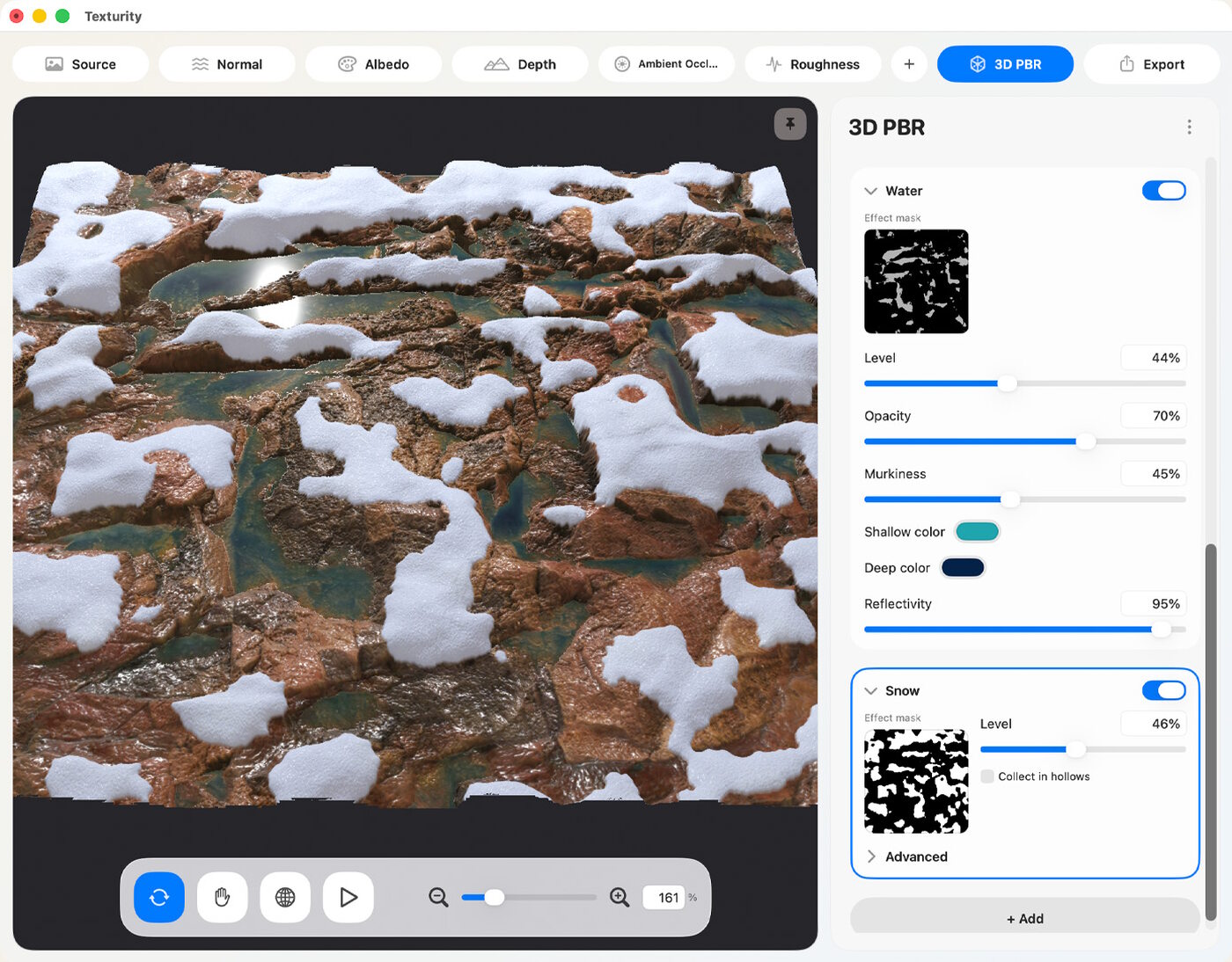 Texturity PBR app screenshot — water and snow effects.