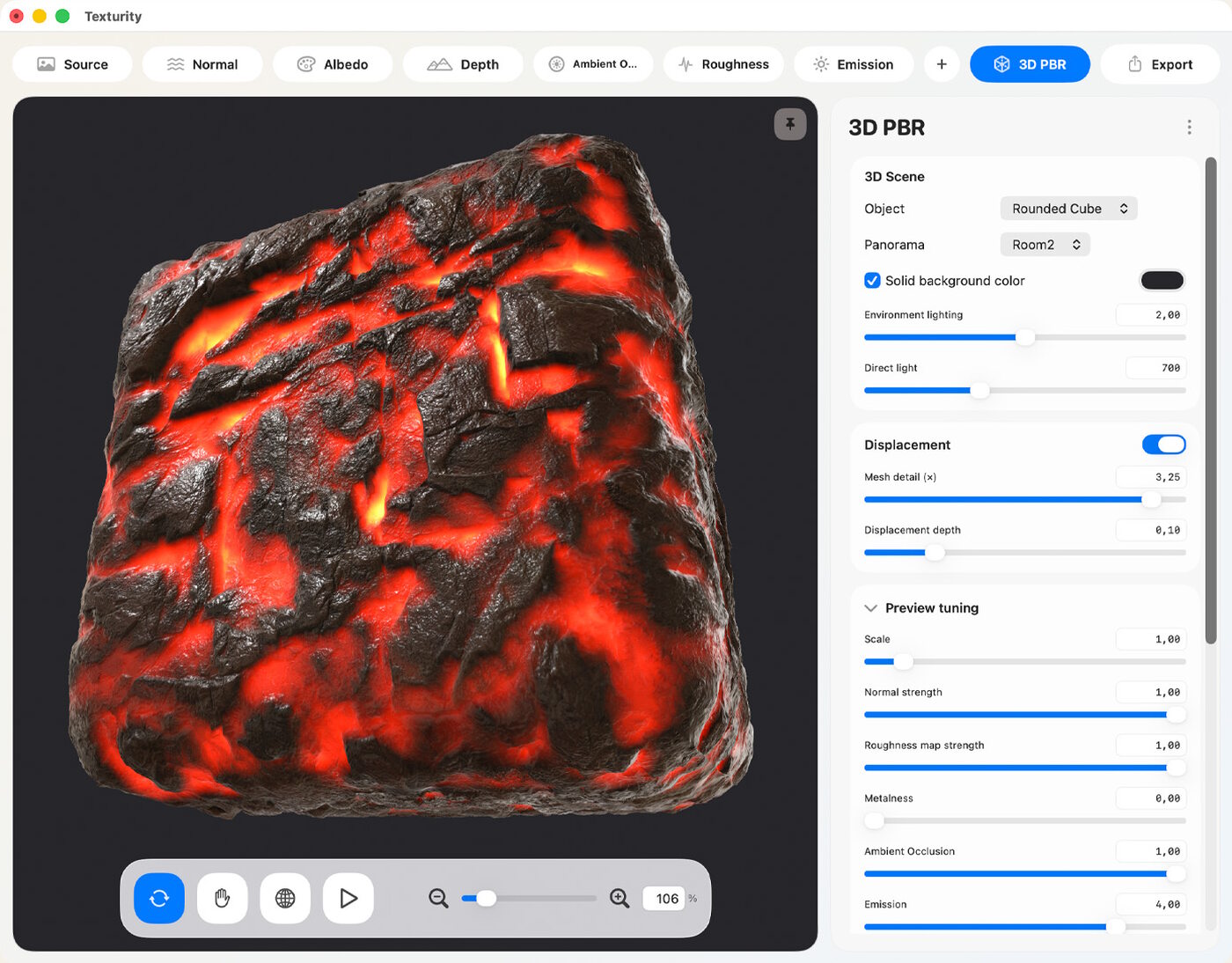 Texturity PBR app screenshot — emission map.