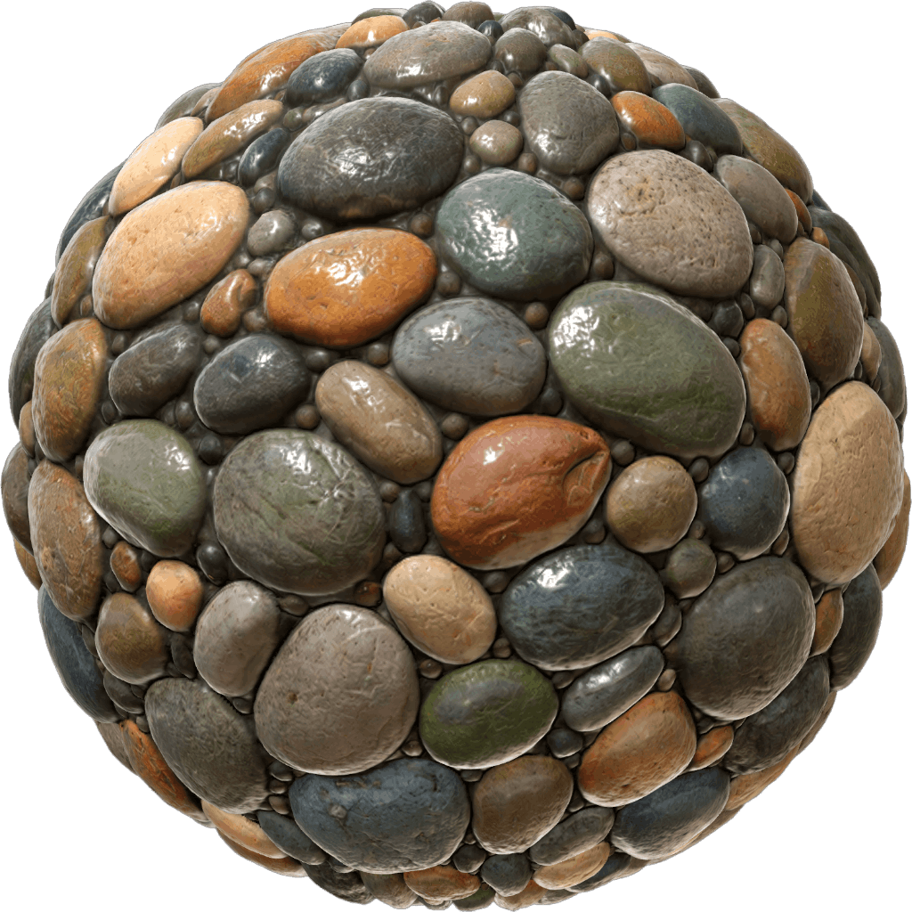 Pebble-textured sphere rendered as a PBR material.