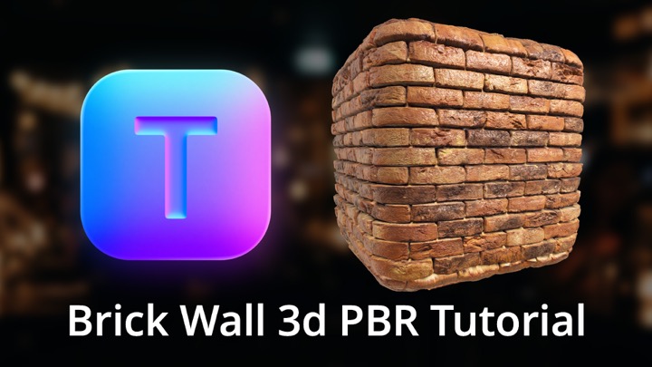 Brick wall PBR material on a 3D cube next to the Texturity app icon