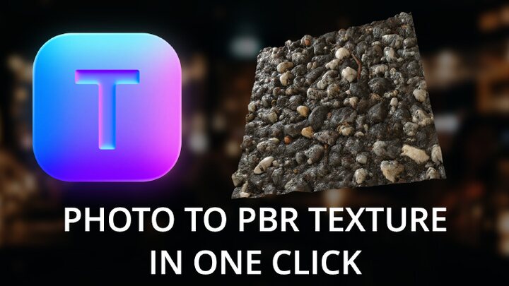 Texturity app icon beside a 3D stone PBR material, captioned Photo to PBR texture in one click