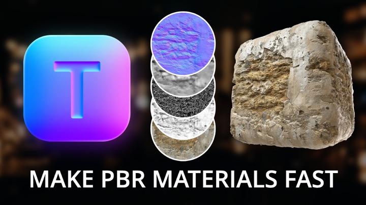 Texturity PBR interface with a stone material preview in the 3D PBR tab